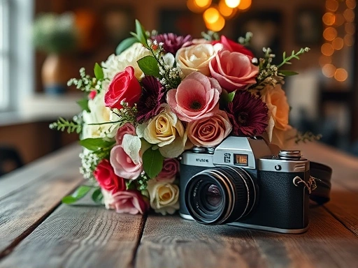 Close-up of a stylish bouquet of flowers and a vintage camera prop resting on a rustic wooden table, with bokeh studio lighting in the background, perfect for a wedding photoshoot.