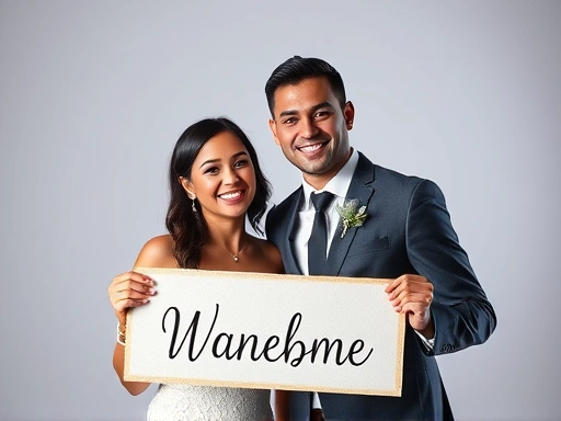 A smiling couple holding a unique, personalized prop like a custom banner with their names, surrounded by soft studio lighting, showcasing the joy of their wedding photoshoot.
