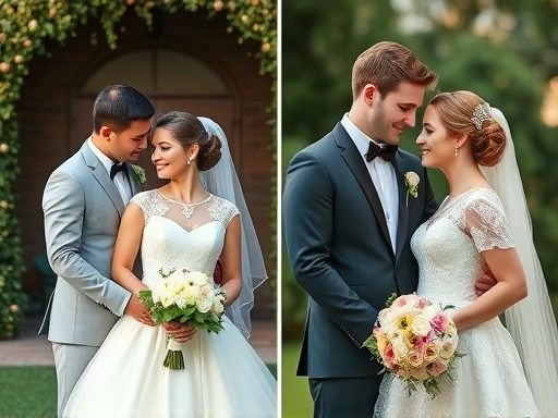 아름다운 웨딩 촬영 스타일을 비교하는 두 커플의 모습