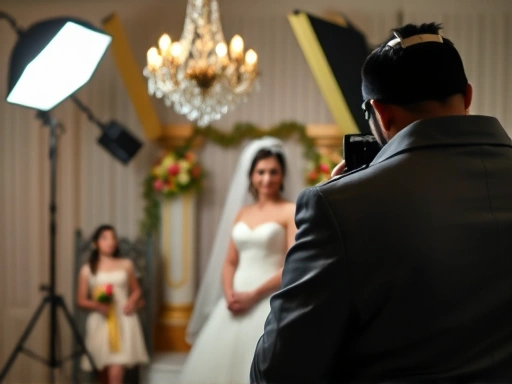 웨딩 촬영 현장의 디테일이 담긴 클로즈업 사진으로, 스냅 작가가 순간을 포착하는 모습