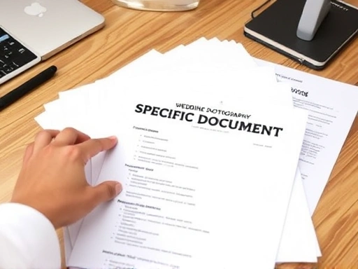 웨딩 촬영 허가 신청 시 제출해야 하는 구체적인 서류 더미와 체크리스트가 클로즈업된 장면