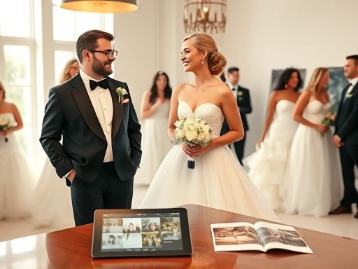 다양한 웨딩드레스와 턱시도를 입은 행복한 신랑 신부가 밝은 스튜디오에서 서로를 바라보며 환하게 웃는 모습