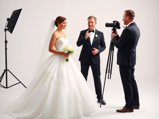 아름다운 웨딩 드레스를 입은 신부와 턱시도를 입은 신랑이 스튜디오에서 사진작가가 포즈를 지도하는 모습