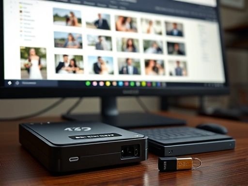 고급 컴퓨터 모니터에 웨딩 촬영 원본 파일들이 열려 있고, 옆에는 외장 하드와 USB 메모리가 놓여 있는 클로즈업 이미지