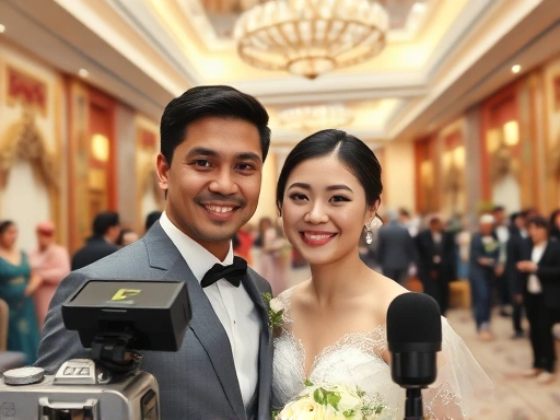아름다운 웨딩홀에서 신랑 신부가 카메라를 향해 웃고 있는 모습