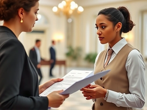 웨딩홀 관계자가 브이로그 촬영자와 소통하며 웨딩홀 브이로그 촬영 규정에 대해 설명하고 있는 클로즈업 장면