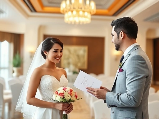 아름다운 웨딩홀에서 행복한 신랑신부가 상담자와 함께 서비스 품질을 논의하는 장면