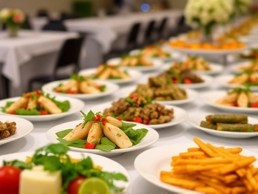 웨딩홀 시식 테이블에 놓인 정갈한 음식들 클로즈업, 음식의 신선도와 플레이팅이 돋보이는 모습