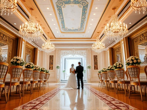 아름답고 우아한 웨딩홀 메인 홀에서 신랑 신부가 서 있는 버진 로드를 바라보는 장면