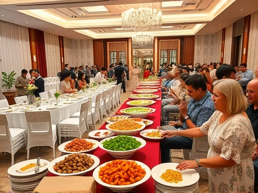 아름다운 웨딩홀에서 신선하고 다채로운 음식들이 뷔페식으로 정갈하게 차려져 있는 장면