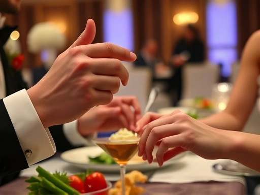 웨딩홀 음식 시식 중인 예비부부가 테이블에 놓인 코스 요리를 꼼꼼히 맛보고 있는 클로즈업 장면