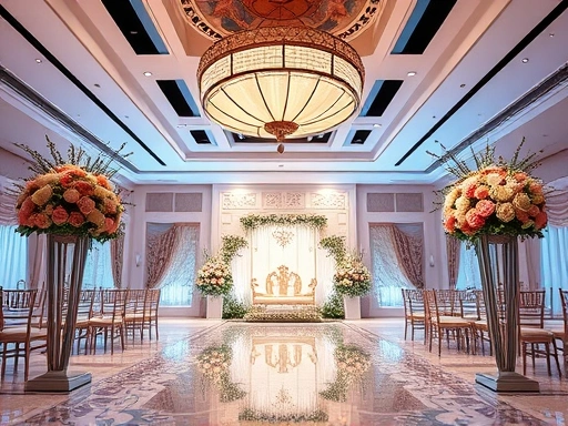 아름답게 꾸며진 웨딩홀 내부의 메인 장식, 화려한 생화와 은은한 조명이 어우러진 풍경, 웨딩홀 장식 업그레이드 비용을 보여주는 포토존, 우아한 결혼식 분위기