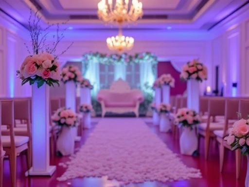 웨딩홀 버진로드의 섬세한 꽃 장식 클로즈업, 부드러운 조명 아래 드라이아이스 효과가 연출되는 순간, 신부대기실의 아늑하고 화려한 장식 디테일, 웨딩홀 장식 비용 세부 요소.