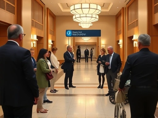 넓은 웨딩홀 로비에서 하객들이 안내판을 보며 대중교통 이용에 대해 이야기하는 모습