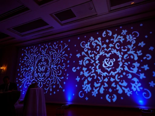 웨딩홀 벽면에 신랑 신부의 이니셜과 아름다운 패턴이 고보 라이팅으로 투사되어 환상적인 분위기