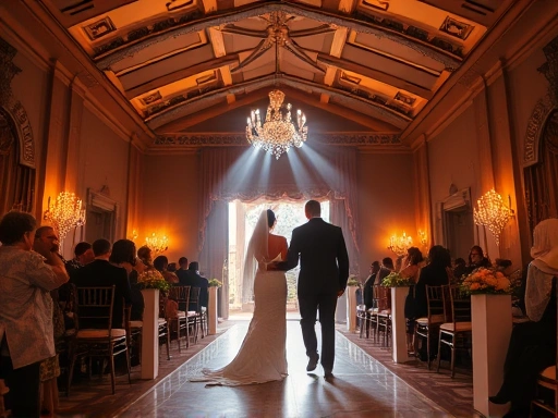 아름다운 웨딩홀에서 신랑 신부가 버진 로드를 걸으며 드라마틱한 조명 효과가 주위에 펼쳐지고, 따뜻한 빛이 공간을 가득 채우는 로맨틱한 분위기