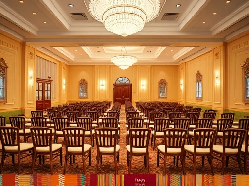 A brightly lit wedding hall interior with socially distanced chairs and clear signs indicating hygiene protocols, showcasing an elegant yet safe environment for guests.