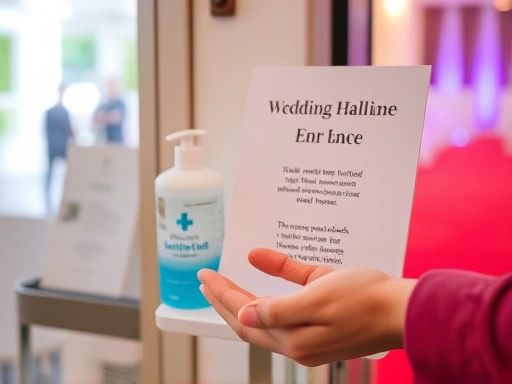Close-up of a hand sanitizing station at a wedding hall entrance, with a neatly arranged sign about mask-wearing and temperature checks.