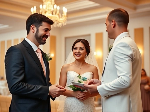 아름다운 웨딩홀에서 신랑신부가 웨딩홀 협력업체와 외부업체 사이에서 행복하게 고민하며 상담하는 모습