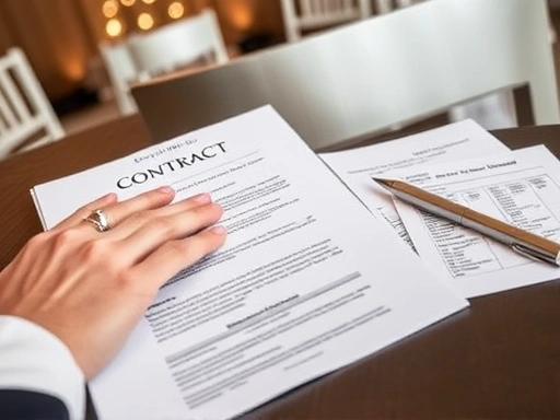 웨딩홀과 외부업체 계약서, 웨딩 플래너의 손, 체크리스트, 펜이 함께 테이블에 놓여있어 결혼 준비의 신중한 결정을 나타내는 클로즈업 이미지