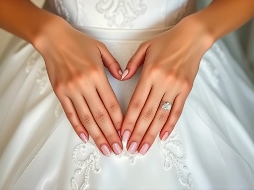 아름다운 웨딩 드레스를 입은 신부의 손, 우아한 웨딩 네일 디자인과 빛나는 결혼 반지가 완벽하게 어우러진 장면