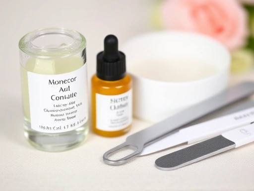 깨끗한 큐티클 오일과 보습 크림, 네일 파일 등 웨딩 네일 유지 관리에 필수적인 도구들이 가지런히 놓여 있는 클로즈업 사진, 섬세하고 정돈된 모습