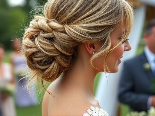 내추럴 웨이브 다운스타일을 한 신부가 야외 결혼식에서 부드러운 옆모습