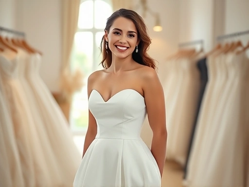 A bride smiling radiantly, wearing a beautifully fitted A-line wedding dress, standing in a elegant bridal salon with soft lighting, natural sunlight streaming in, capturing the joyful moment of findi...