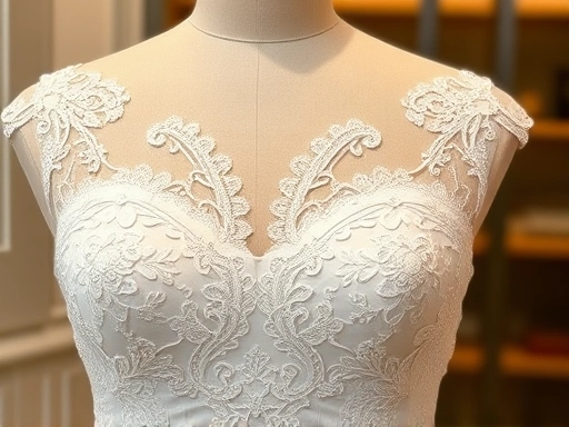 Close-up of a wedding dress's intricate lace details and elegant neckline (perhaps a sweetheart or V-neck) on a mannequin, showcasing the craftsmanship and fabric texture, with a subtle focus on the d...