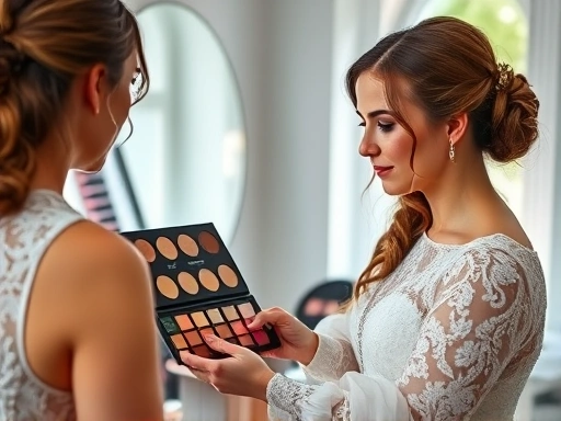 아름다운 신부가 웨딩 메이크업 팔레트를 보며 자신의 피부 톤에 맞는 색상을 고심하는 모습
