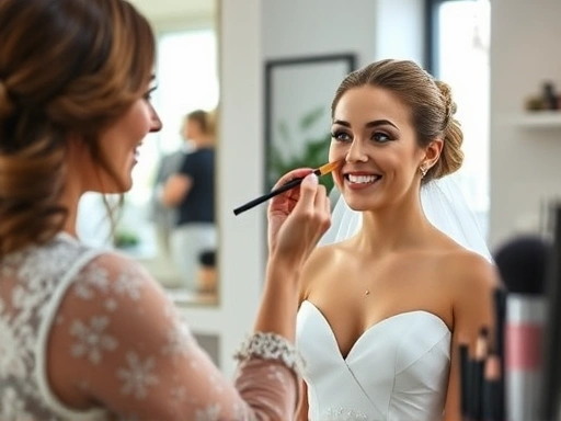 아름다운 예비 신부가 웨딩 메이크업 시연을 받는 모습