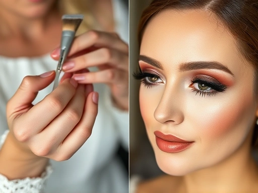 웨딩 메이크업 시연 중 섬세하게 피부 표현을 하는 아티스트의 손과, 완성된 신부의 눈매 클로즈업.