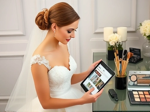 아름다운 웨딩 드레스를 입은 신부가 웨딩 뷰티 룩북을 보며 헤어와 메이크업 컨셉을 고민하는 장면