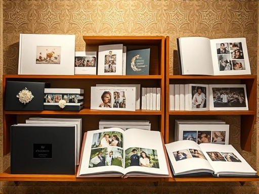다양한 재질과 디자인의 웨딩 앨범 샘플이 고급스럽게 진열된 모습
