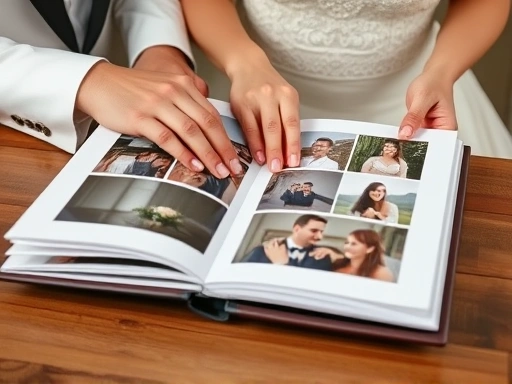 웨딩 앨범 페이지를 신랑 신부가 함께 넘기며 사진을 고르는 클로즈업 손 모습
