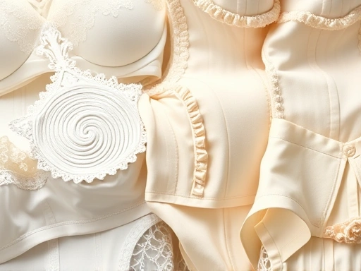 다양한 종류의 웨딩 언더웨어(코르셋 브라, 올인원, 거들)가 깔끔하게 정돈된 모습