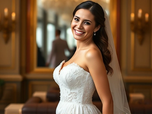 아름다운 신부가 웨딩 드레스를 입고 활짝 웃는 모습
