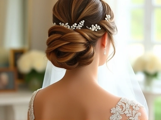 아름다운 웨딩드레스를 입은 신부의 우아한 업스타일 뒷모습