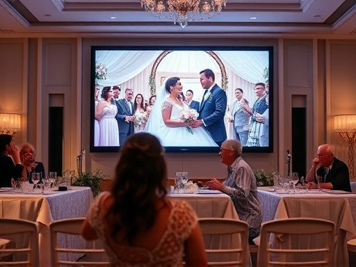 아름다운 웨딩 영상이 결혼식장에서 대형 스크린에 상영되는 장면