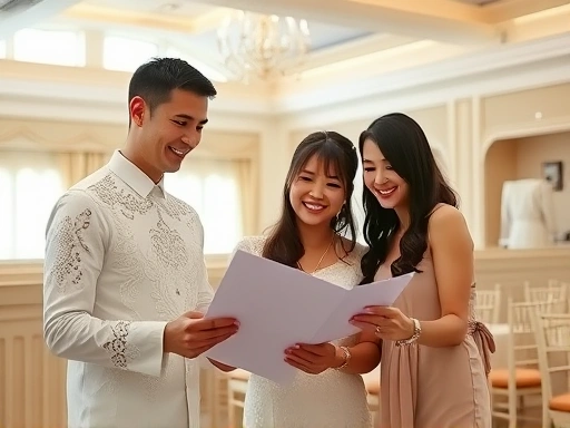 넓고 쾌적한 웨딩홀 내부에서 신랑 신부가 환하게 웃으며 결혼 준비 체크리스트를 보고 있는 모습