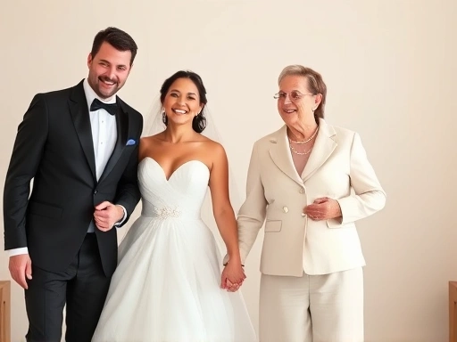 웨딩 드레스를 입은 신부와 턱시도를 입은 신랑이 양가 부모님과 함께 따뜻하게 손을 잡고 행복하게 웃는 모습