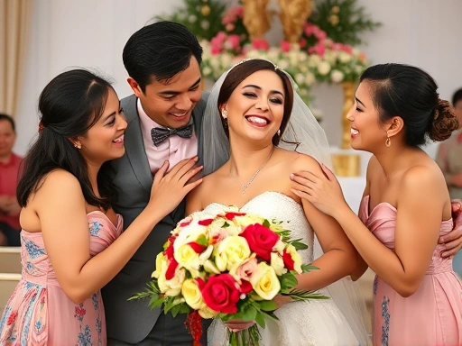 웨딩 촬영 중 신랑 신부와 형제자매들이 서로를 껴안고 유쾌하게 장난치는 클로즈업 장면