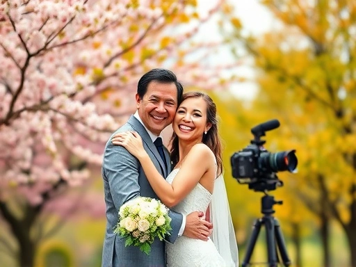 a joyful couple embracing during an outdoor wedding photoshoot, with a vibrant and diverse seasonal background such as cherry blossoms, lush green trees, beautiful autumn foliage, or soft snow, captur...