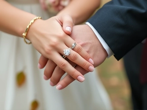 a close-up shot of a couple's hands intertwined, showcasing their wedding rings, with a beautifully blurred backdrop subtly suggesting the specific season, such as a few fallen autumn leaves, delicate...