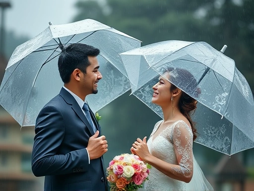 아름다운 신랑 신부가 투명 우산을 쓰고 빗속에서 로맨틱하게 서로를 바라보며 웃는 모습