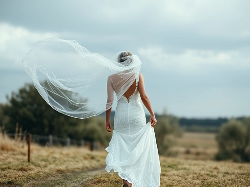 바람이 부는 야외에서 신부의 베일이 드라마틱하게 휘날리고 신랑과 신부가 손을 잡고 행복하게 걷는 모습