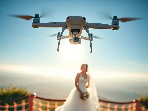 드론이 푸른 하늘에서 아름다운 신랑 신부의 웨딩 촬영을 광활한 배경과 함께 담아내는 전경, 웨딩 드론 비행의 로맨틱한 순간과 완벽한 웨딩사진, 드론 촬영 비용과 관련된 고려사항이 느껴지는 이미지