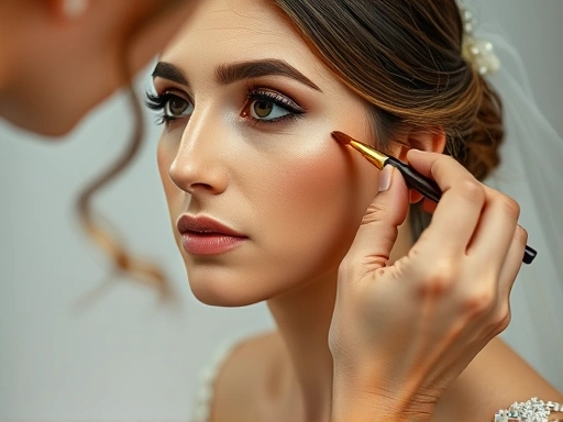 웨딩 촬영 전, 섬세한 손길로 신부의 얼굴에 메이크업을 해주는 전문 메이크업 아티스트의 클로즈업 모습