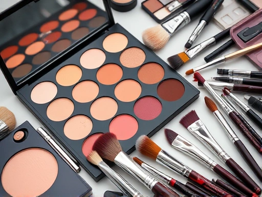 메이크업 팔레트와 다양한 브러쉬가 정돈된 모습