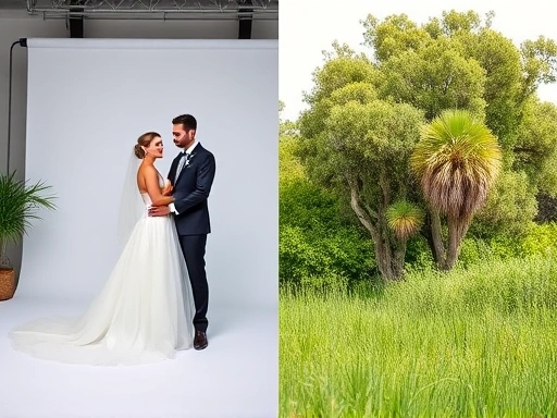 아름다운 웨딩드레스를 입은 신랑 신부가 각각 깔끔한 스튜디오 세트장과 싱그러운 자연 풍경 앞에서 포즈를 취하고 있는 장면